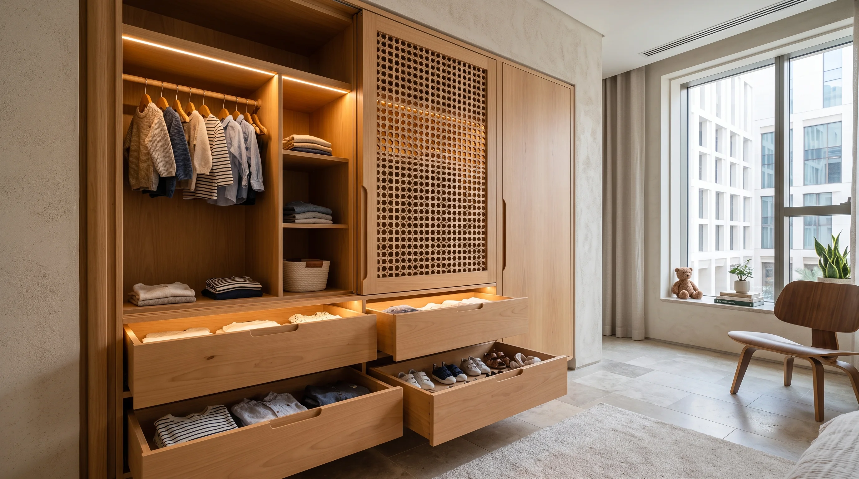 Minimalist linen wardrobe with illuminated clothes rails in Msheireb Downtown